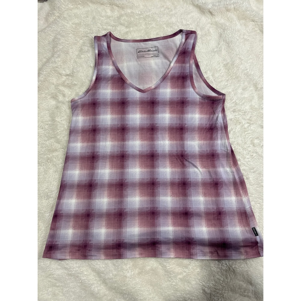 Eddie Bauer Womens Sleepwear Tank Top Plaid Purple White V Neck Sleeveless